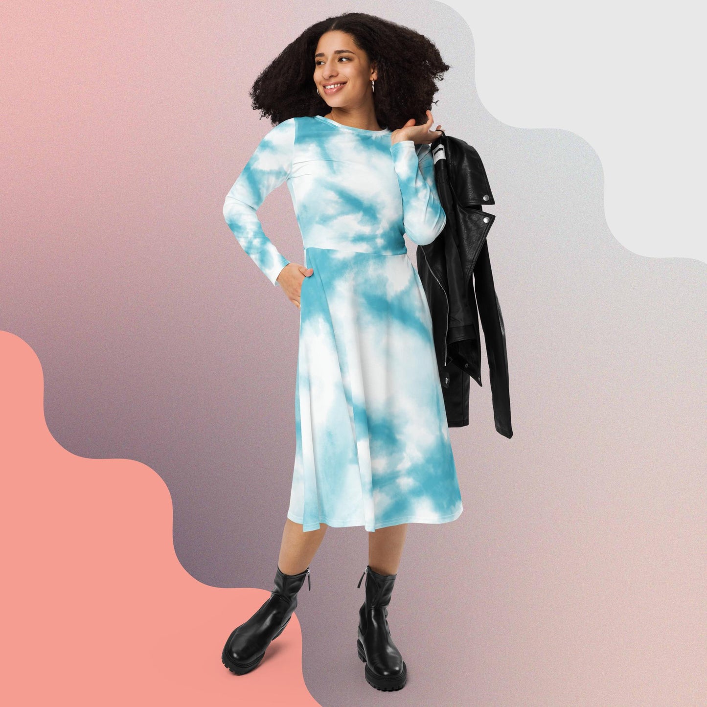 All-over print long sleeve midi dress