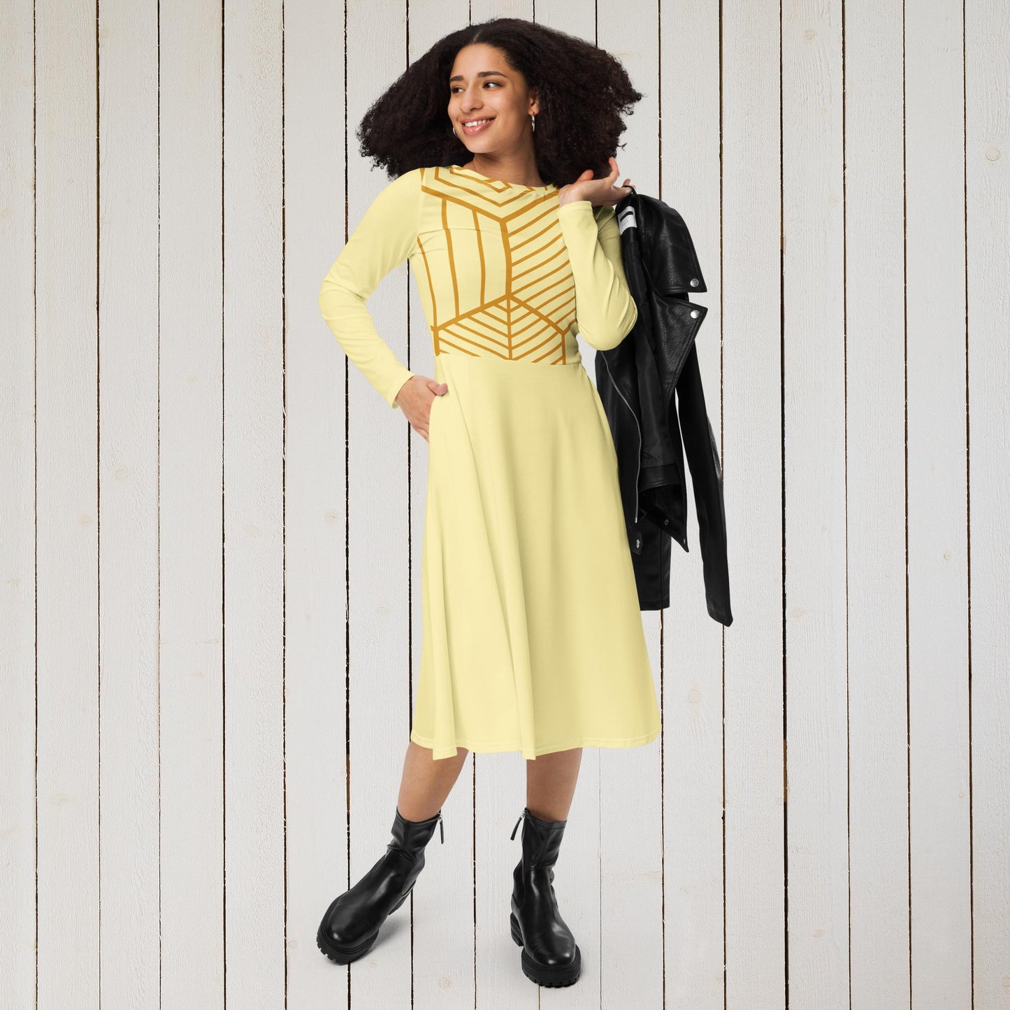 All-over print long sleeve midi dress